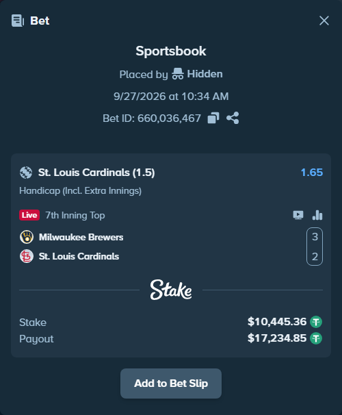 Bet slip: Milwaukee Brewers - St. Louis Cardinals, $10,445.36 stake at 1.65 odds, placed by ayoflasher