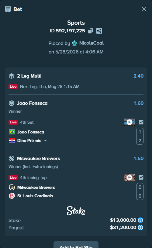 Bet slip: Milwaukee Brewers - St. Louis Cardinals, $13,000.00 stake at 1.50 odds, placed by NicoleCoal