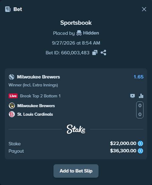 Bet slip: Milwaukee Brewers - St. Louis Cardinals, $22,000.00 stake at 1.65 odds, placed by Hidden