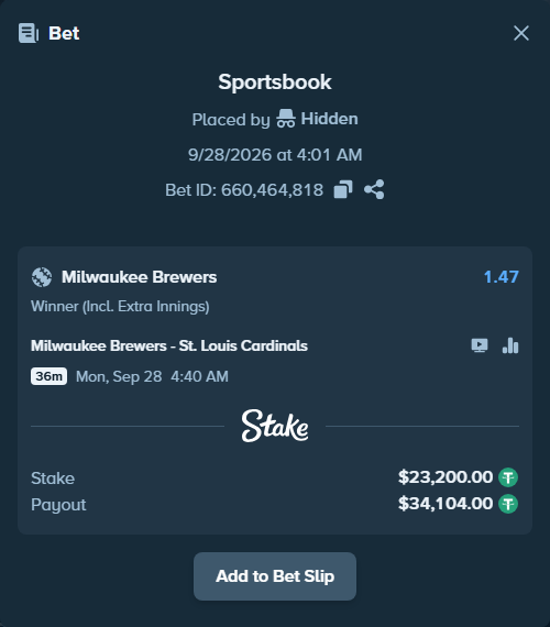 Bet slip: Milwaukee Brewers - St. Louis Cardinals, $23,200.00 stake at 1.47 odds, placed by nandonzr