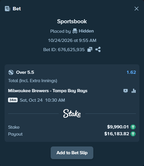 Bet slip: Milwaukee Brewers - Tampa Bay Rays, $10,000.00 stake at 1.62 odds, placed by luckysevenfr