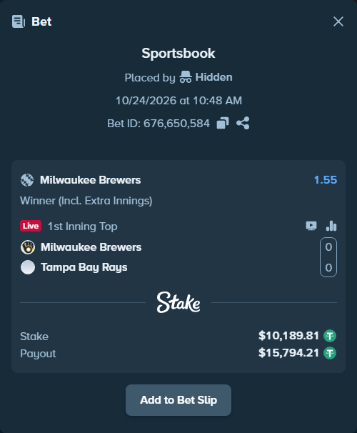 Bet slip: Milwaukee Brewers - Tampa Bay Rays, $10,200.00 stake at 1.55 odds, placed by ItsArsyk