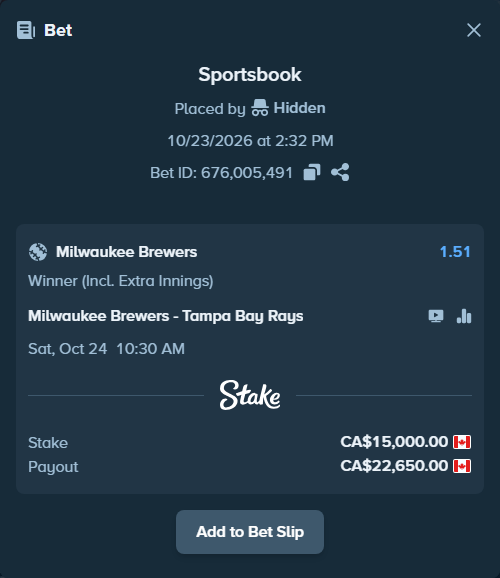 Bet slip: Milwaukee Brewers - Tampa Bay Rays, $11,100.00 stake at 1.51 odds, placed by Hidden