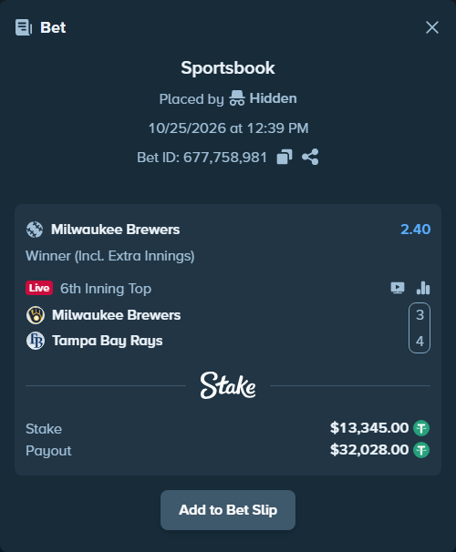 Bet slip: Milwaukee Brewers - Tampa Bay Rays, $13,358.34 stake at 2.40 odds, placed by Hidden