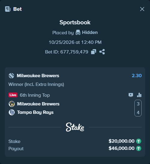 Bet slip: Milwaukee Brewers - Tampa Bay Rays, $20,020.00 stake at 2.30 odds, placed by Hidden