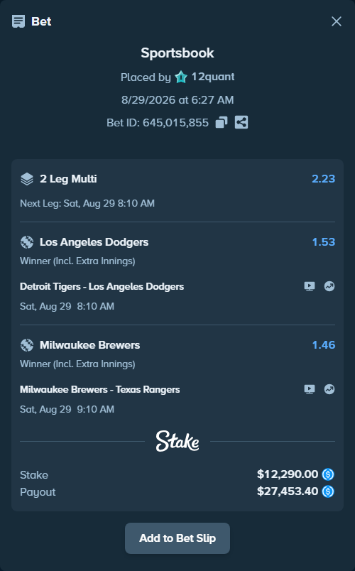 Bet slip: Milwaukee Brewers - Texas Rangers, $12,290.00 stake at 1.46 odds, placed by 12quant