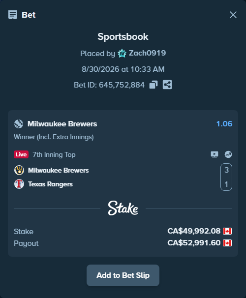 Bet slip: Milwaukee Brewers - Texas Rangers, $36,994.14 stake at 1.06 odds, placed by Zach0919