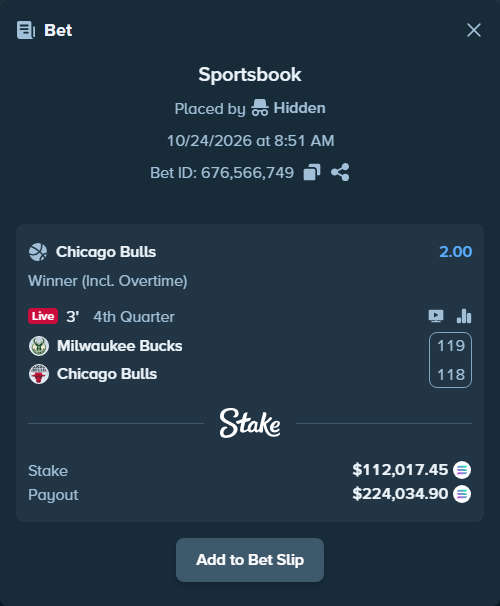Bet slip: Milwaukee Bucks - Chicago Bulls, $110,687.16 stake at 2.00 odds, placed by Prettylfacko98
