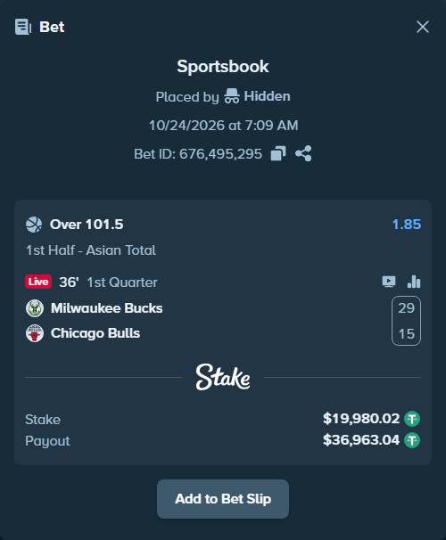 Bet slip: Milwaukee Bucks - Chicago Bulls, $20,000.00 stake at 1.85 odds, placed by Hidden
