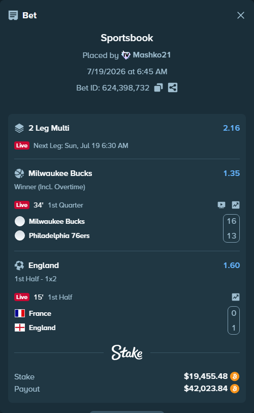 Bet slip: Milwaukee Bucks - Philadelphia 76ers, $19,347.48 stake at 1.35 odds, placed by Mashko21