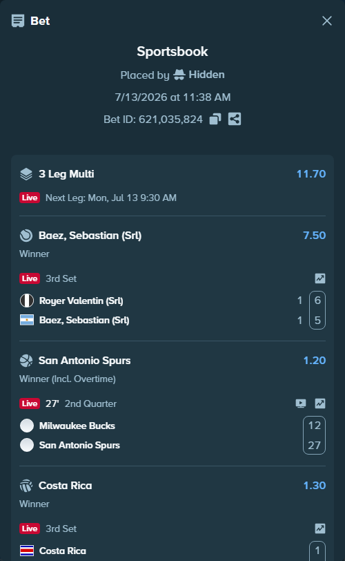 Bet slip: Milwaukee Bucks - San Antonio Spurs, $20,061.00 stake at 1.20 odds, placed by Hidden
