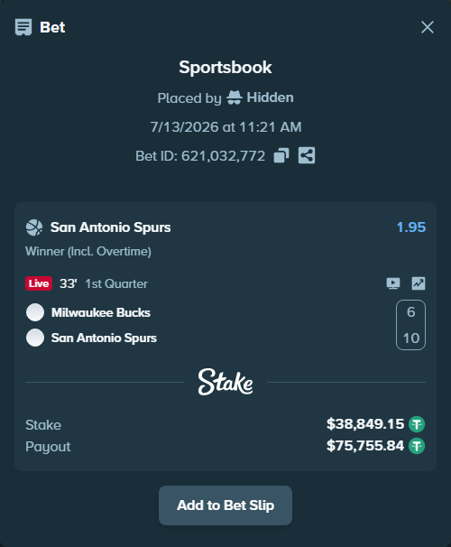 Bet slip: Milwaukee Bucks - San Antonio Spurs, $38,888.00 stake at 1.95 odds, placed by Hidden