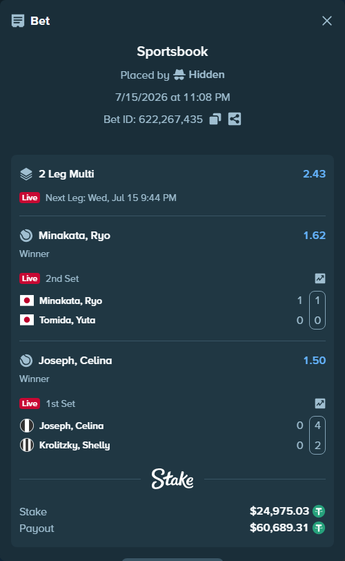 Bet slip: Minakata, Ryo - Tomida, Yuta, $25,000.00 stake at 1.62 odds, placed by Hidden