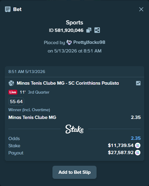 Bet slip: Minas Tenis Clube MG - SC Corinthians Paulista, $9,064.65 stake at 2.35 odds, placed by Prettylfacko98