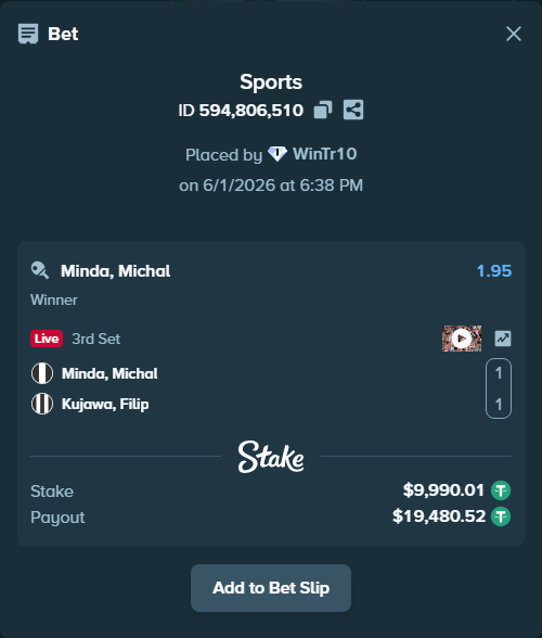 Bet slip: Minda, Michal - Kujawa, Filip, $10,000.00 stake at 1.95 odds, placed by WinTr10