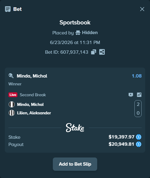 Bet slip: Minda, Michal - Lilien, Aleksander, $19,397.97 stake at 1.08 odds, placed by Hidden