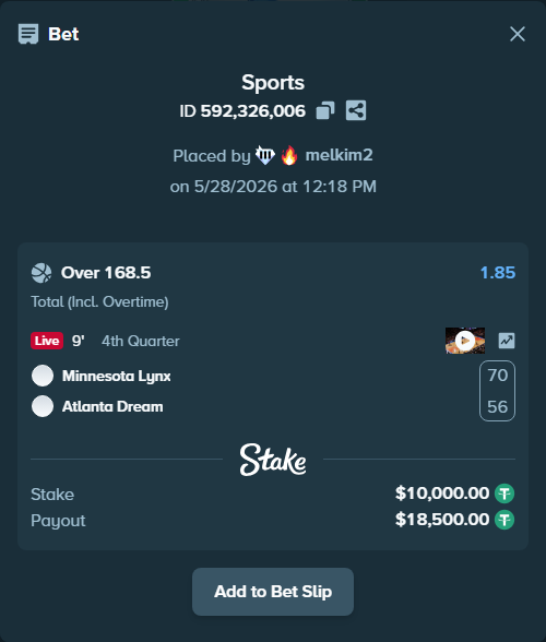Bet slip: Minnesota Lynx - Atlanta Dream, $10,020.00 stake at 1.85 odds, placed by melkim2