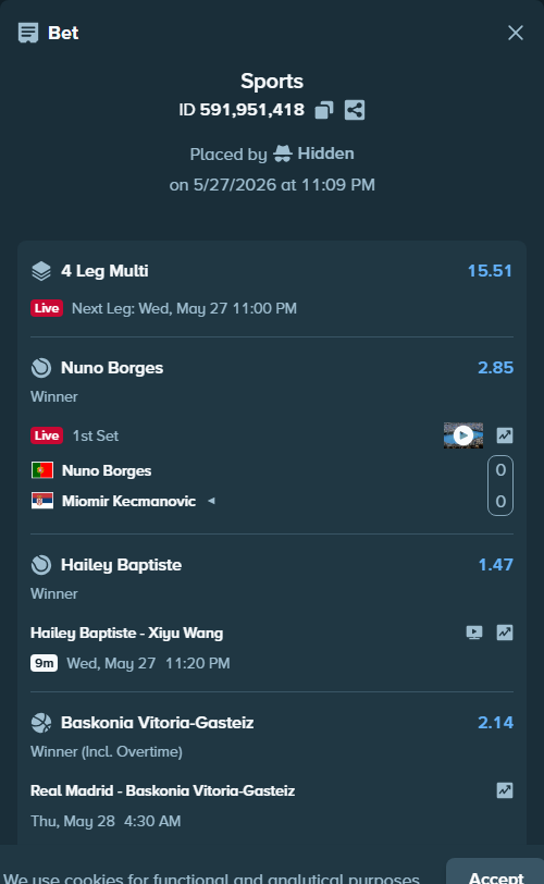 Bet slip: Minnesota Lynx - Atlanta Dream, $11,643.84 stake at 1.73 odds, placed by Hidden