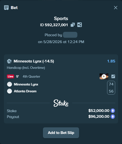 Bet slip: Minnesota Lynx - Atlanta Dream, $44,758.64 stake at 1.85 odds, placed by azosuka