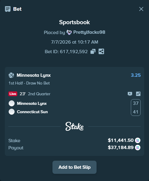 Bet slip: Minnesota Lynx - Connecticut Sun, $11,323.12 stake at 3.25 odds, placed by Prettylfacko98