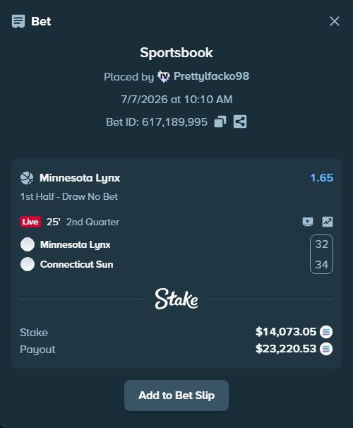 Bet slip: Minnesota Lynx - Connecticut Sun, $13,903.00 stake at 1.65 odds, placed by Prettylfacko98