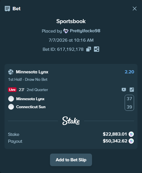Bet slip: Minnesota Lynx - Connecticut Sun, $22,646.23 stake at 2.20 odds, placed by Prettylfacko98