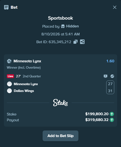 Bet slip: Minnesota Lynx - Dallas Wings, $200,000.00 stake at 1.60 odds, placed by Hidden