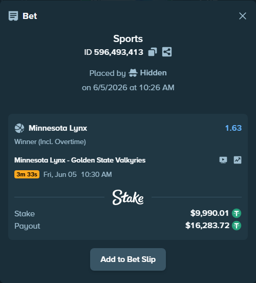 Bet slip: Minnesota Lynx - Golden State Valkyries, $10,000.00 stake at 1.63 odds, placed by Hidden