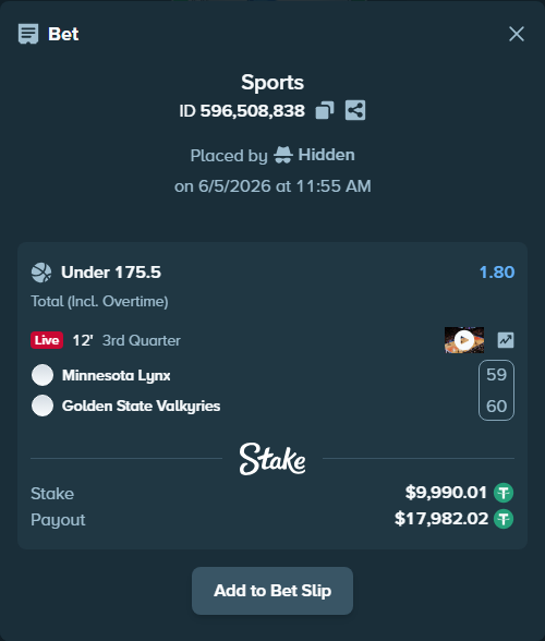 Bet slip: Minnesota Lynx - Golden State Valkyries, $10,000.00 stake at 1.80 odds, placed by Hidden