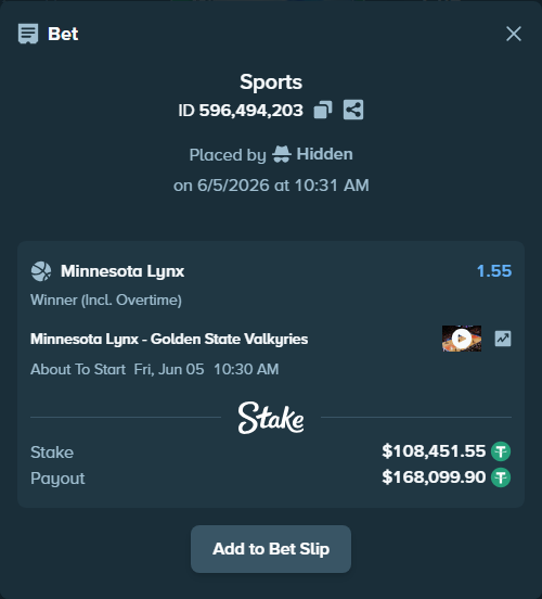 Bet slip: Minnesota Lynx - Golden State Valkyries, $108,560.00 stake at 1.55 odds, placed by Hidden
