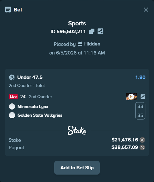 Bet slip: Minnesota Lynx - Golden State Valkyries, $21,318.96 stake at 1.80 odds, placed by Hidden