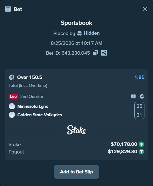 Bet slip: Minnesota Lynx - Golden State Valkyries, $70,178.00 stake at 1.85 odds, placed by Hidden
