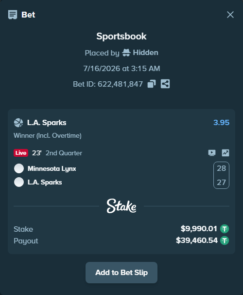 Bet slip: Minnesota Lynx - Los Angeles Sparks, $10,000.00 stake at 3.95 odds, placed by Hidden