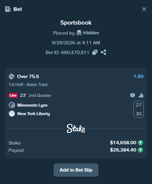Bet slip: Minnesota Lynx - New York Liberty, $14,658.00 stake at 1.80 odds, placed by Kriski99