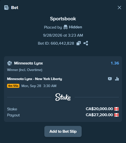 Bet slip: Minnesota Lynx - New York Liberty, $14,800.00 stake at 1.36 odds, placed by Hidden