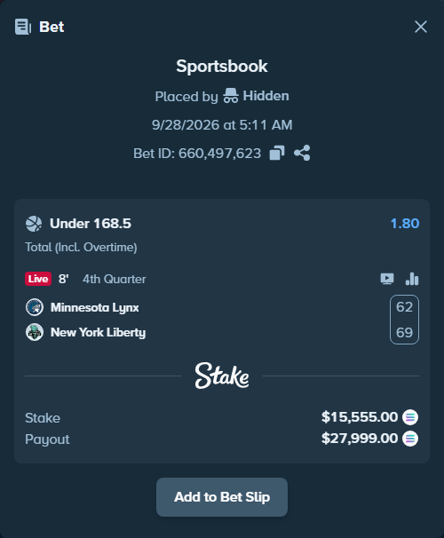 Bet slip: Minnesota Lynx - New York Liberty, $15,539.02 stake at 1.80 odds, placed by Hidden