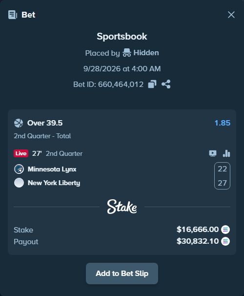 Bet slip: Minnesota Lynx - New York Liberty, $16,725.85 stake at 1.85 odds, placed by Hidden