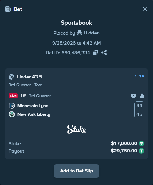 Bet slip: Minnesota Lynx - New York Liberty, $17,000.00 stake at 1.75 odds, placed by Kriski99