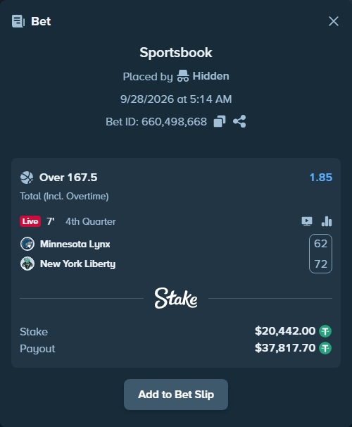 Bet slip: Minnesota Lynx - New York Liberty, $20,442.00 stake at 1.85 odds, placed by Kriski99
