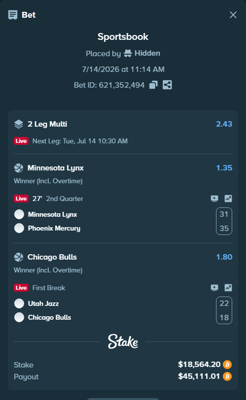 Bet slip: Minnesota Lynx - Phoenix Mercury, $19,105.98 stake at 1.35 odds, placed by Hidden