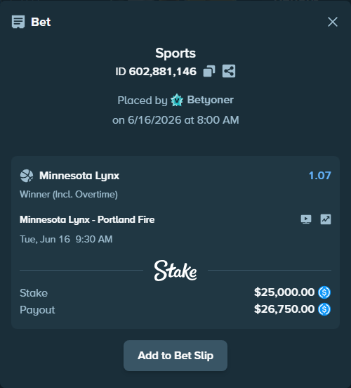 Bet slip: Minnesota Lynx - Portland Fire, $25,000.00 stake at 1.07 odds, placed by Betyoner