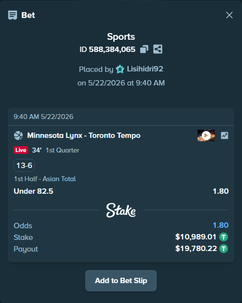 Bet slip: Minnesota Lynx - Toronto Tempo, $11,000.00 stake at 1.80 odds, placed by Lisihidri92
