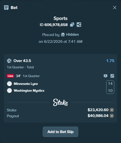 Bet slip: Minnesota Lynx - Washington Mystics, $21,655.86 stake at 1.75 odds, placed by Hidden
