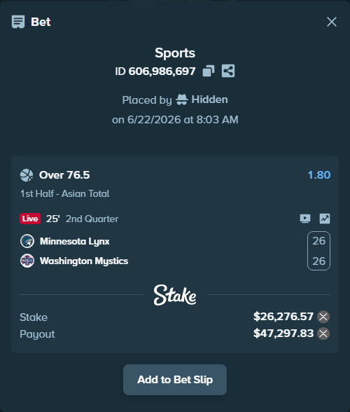 Bet slip: Minnesota Lynx - Washington Mystics, $24,302.15 stake at 1.80 odds, placed by Hidden