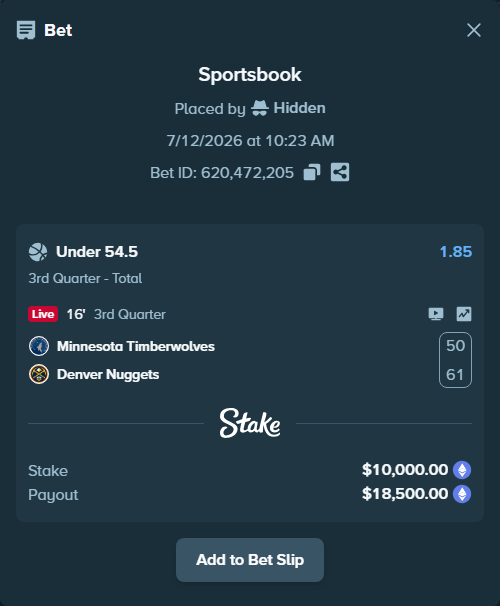 Bet slip: Minnesota Timberwolves - Denver Nuggets, $10,669.16 stake at 1.85 odds, placed by Kriski99