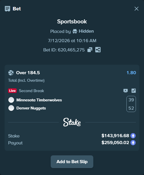 Bet slip: Minnesota Timberwolves - Denver Nuggets, $153,464.92 stake at 1.80 odds, placed by Hidden