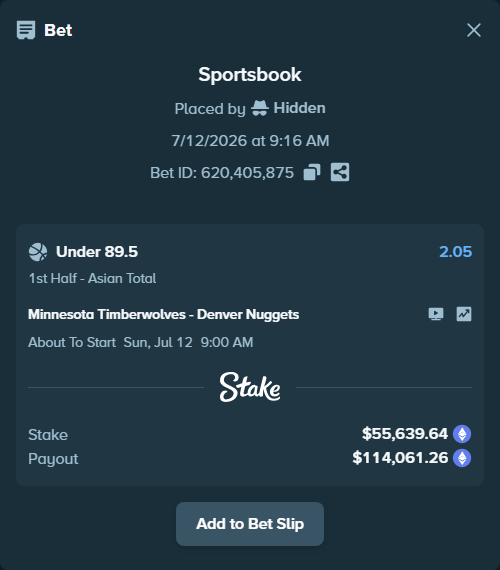 Bet slip: Minnesota Timberwolves - Denver Nuggets, $58,992.35 stake at 2.05 odds, placed by Hidden