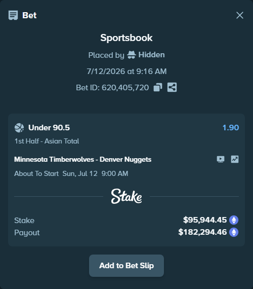 Bet slip: Minnesota Timberwolves - Denver Nuggets, $101,725.84 stake at 1.90 odds, placed by Hidden