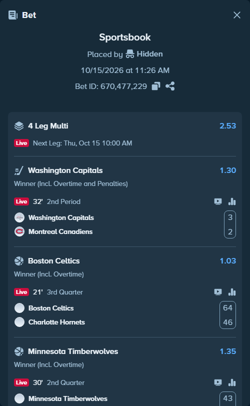 Bet slip: Minnesota Timberwolves - Detroit Pistons, $10,000.00 stake at 1.35 odds, placed by Chitico19