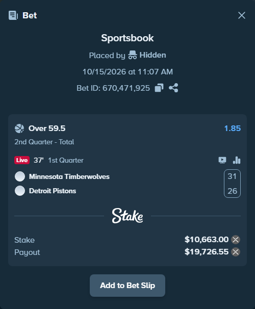 Bet slip: Minnesota Timberwolves - Detroit Pistons, $10,653.36 stake at 1.85 odds, placed by Hidden